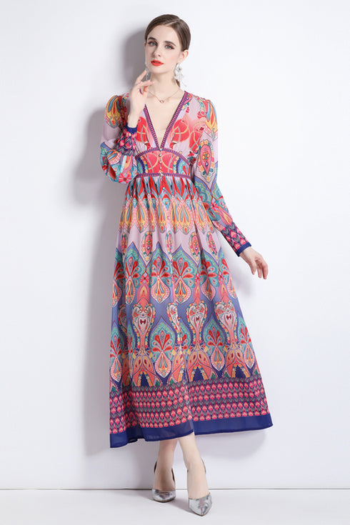 Entrancing Runway Fashion Floral Print V-Neck, Long Sleeves Party, Cocktail, Wedding Guest Maxi Dress